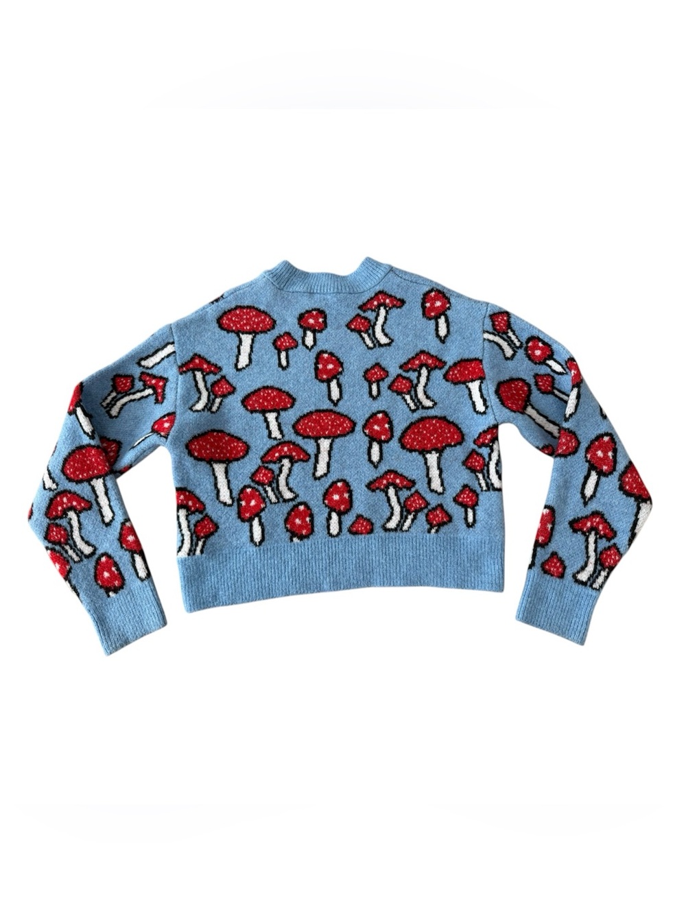 Zara Mushroom Print Knit Sweater Light Blue Red Cropped Crewneck Women Size S